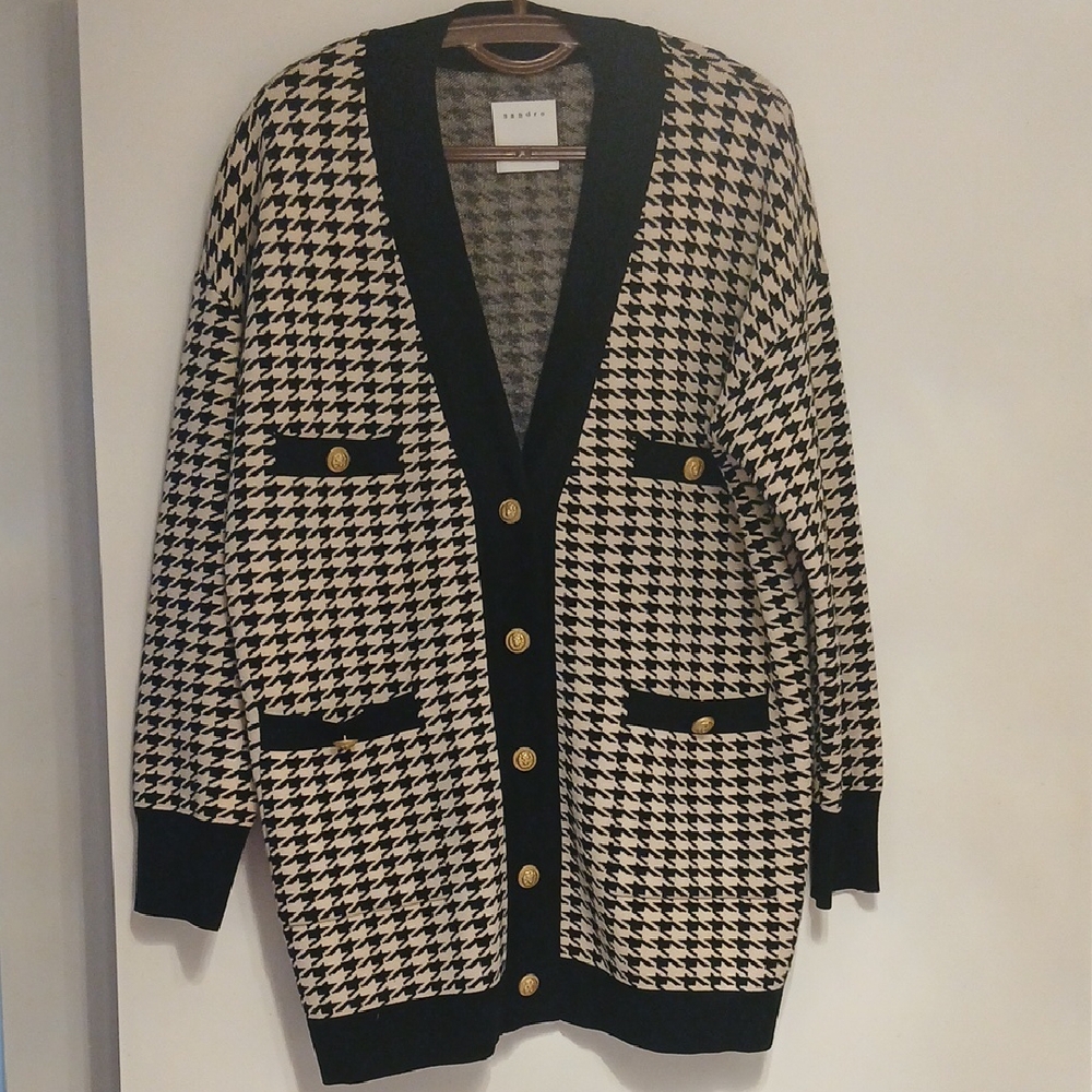 Sandro Black and Cream Houndstooth Cardigan